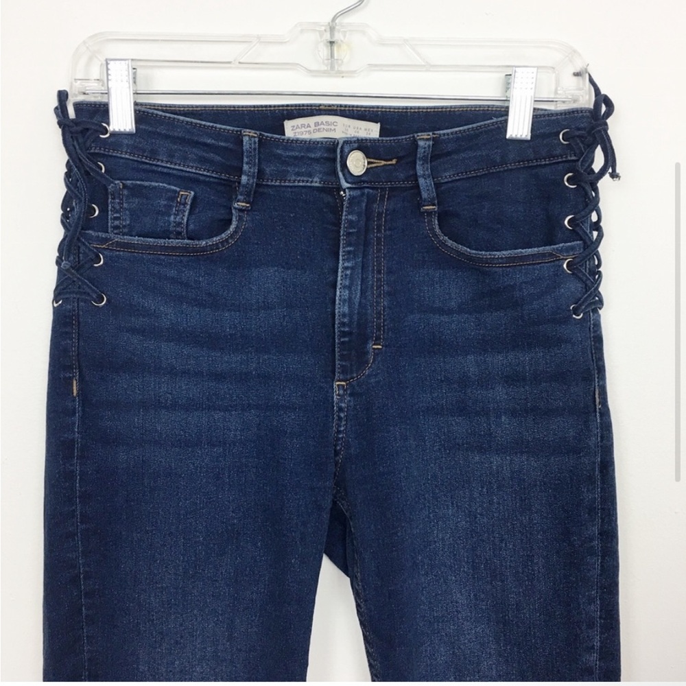 Zara Z1975 lace up tie side high rise dark wash jeans/jeggings